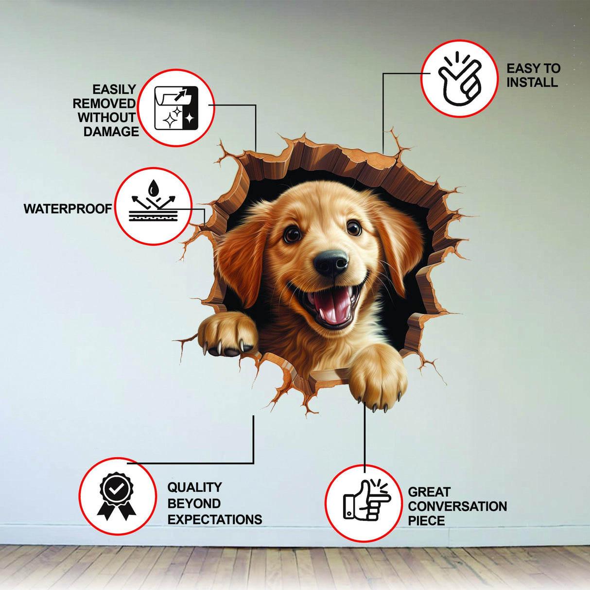 3D Dog Art Wall Sticker infographic showcasing features like easy installation, waterproof design, and removable without damage.