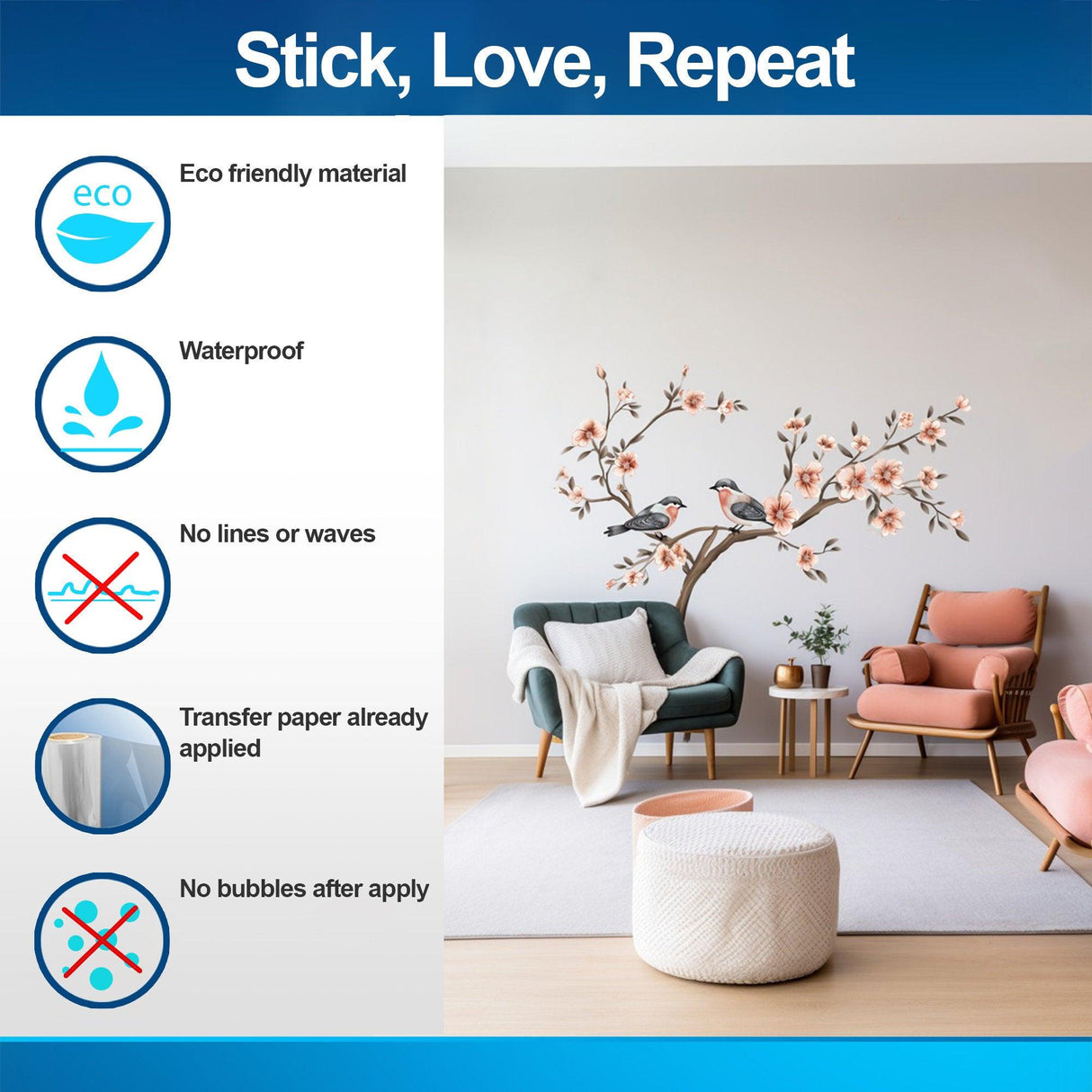 Eco-friendly tree wall sticker with blossom flowers and birds in a cozy living room setting.
