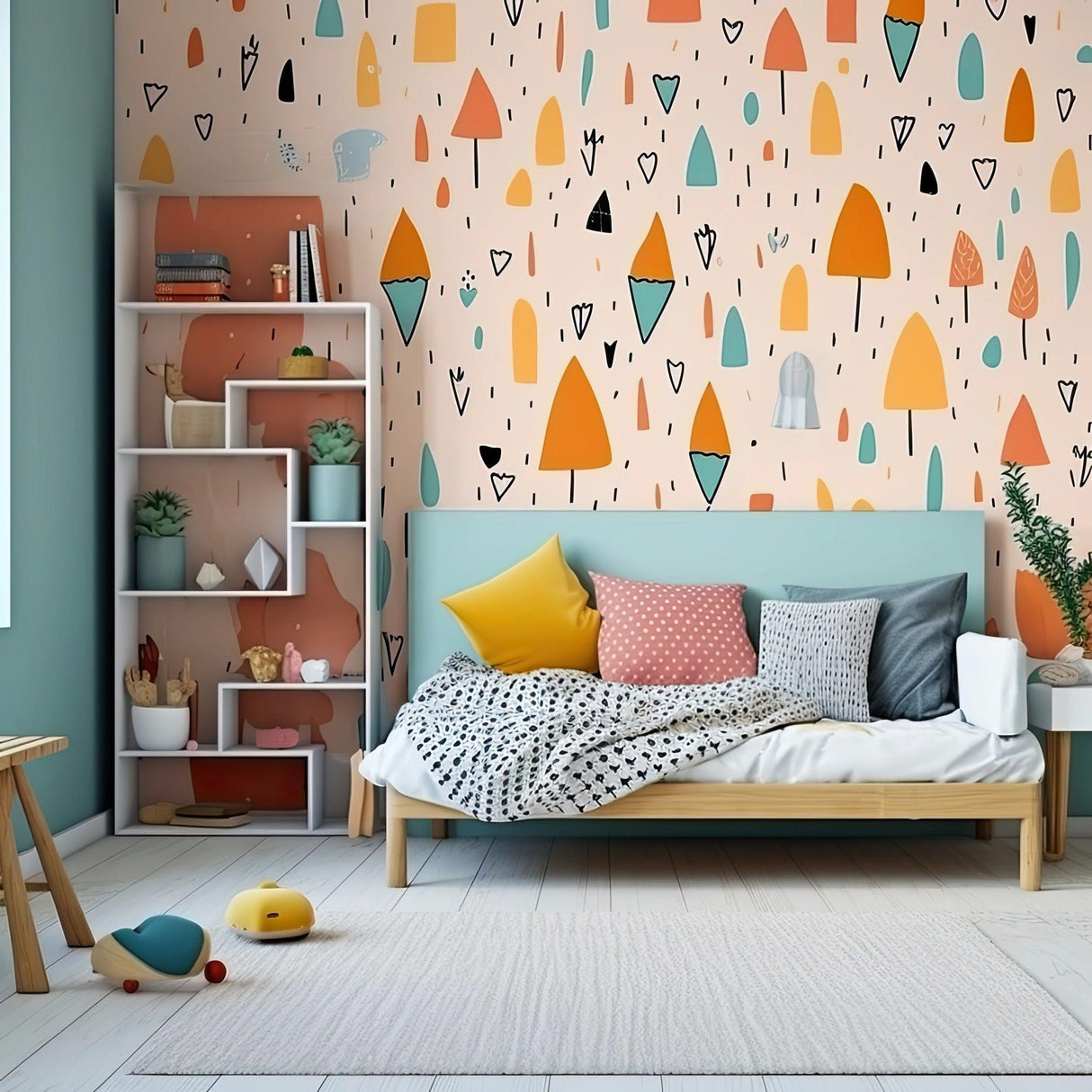 Colorful and modern bedroom featuring custom wallpaper decal with geometric shapes and a cozy bed.