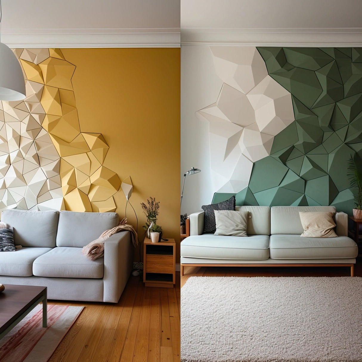 Stylish living room featuring geometric textured wall designs in yellow and green, with modern furniture and decor.