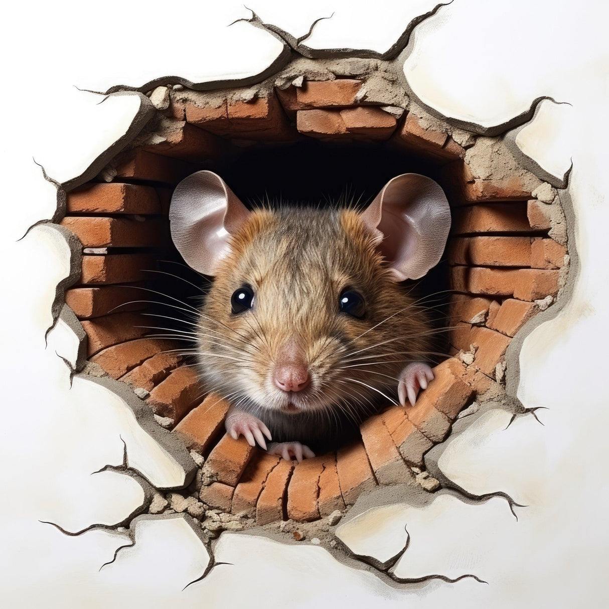 3D mouse hole wall sticker featuring a realistic mouse peeking from a broken wall, whimsical room decor.