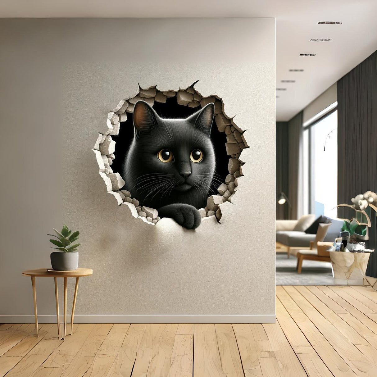 3D black cat wall sticker design peeking through a cracked wall in modern living room decor.
