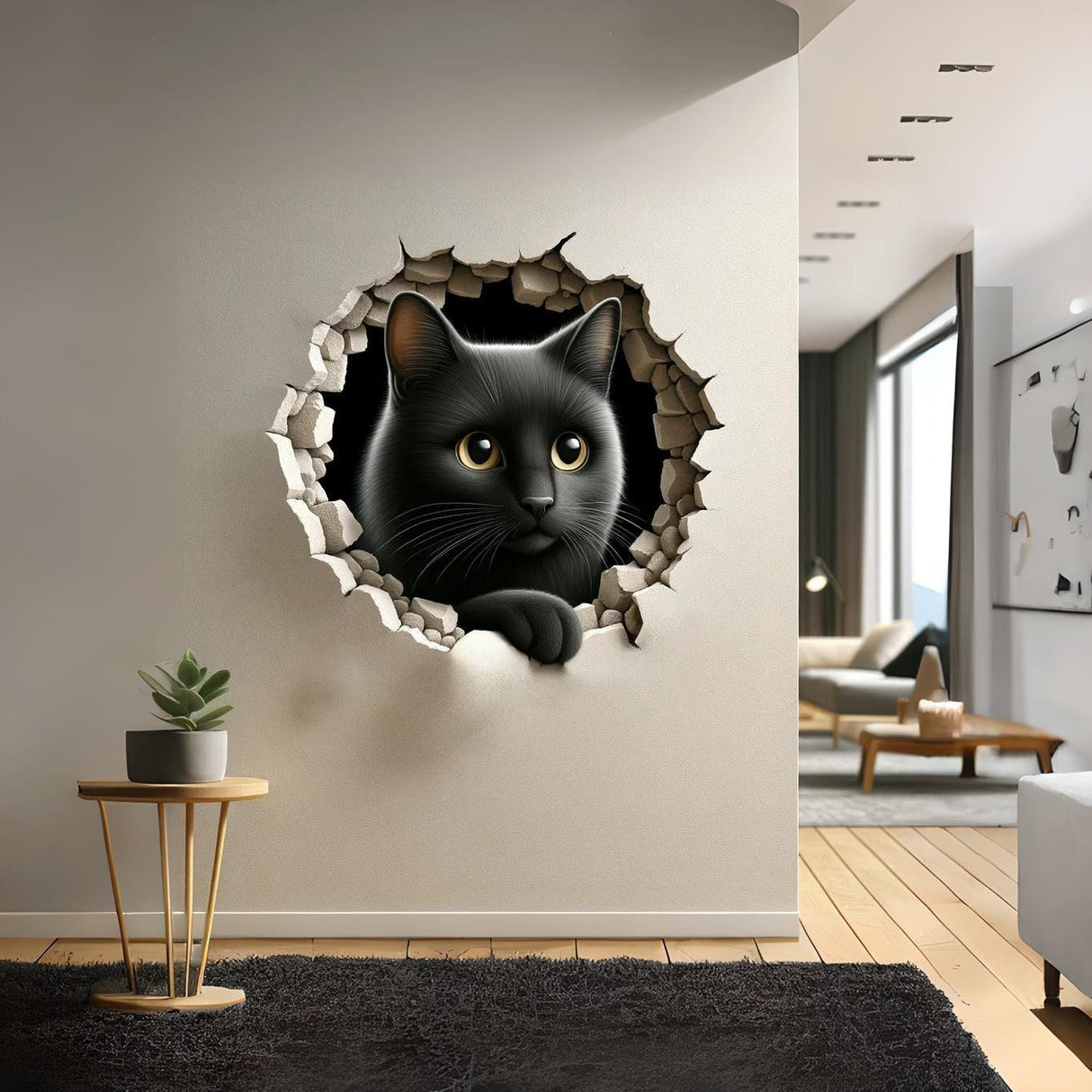 3D black cat wall sticker in a cracked wall illusion for whimsical home decor.