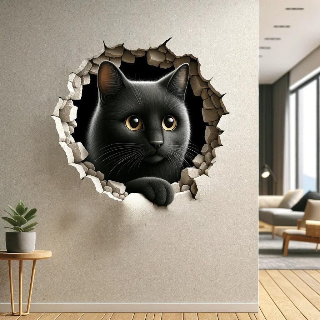 3D black cat wall sticker design with cracked wall illusion, ideal for home decor inspiration.