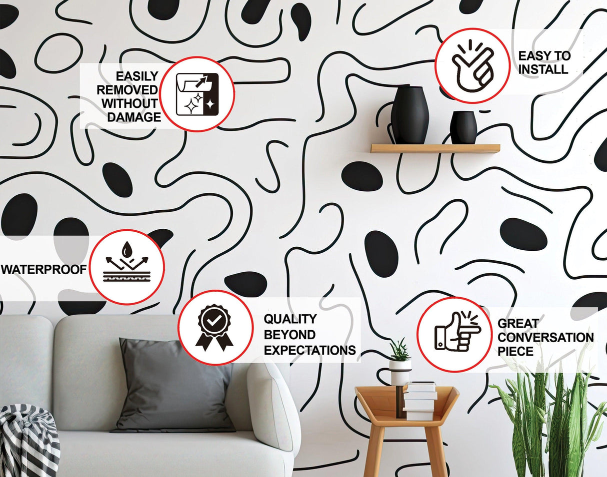 Modern black wall stickers showcasing features like easy installation and waterproof quality in stylish interior.