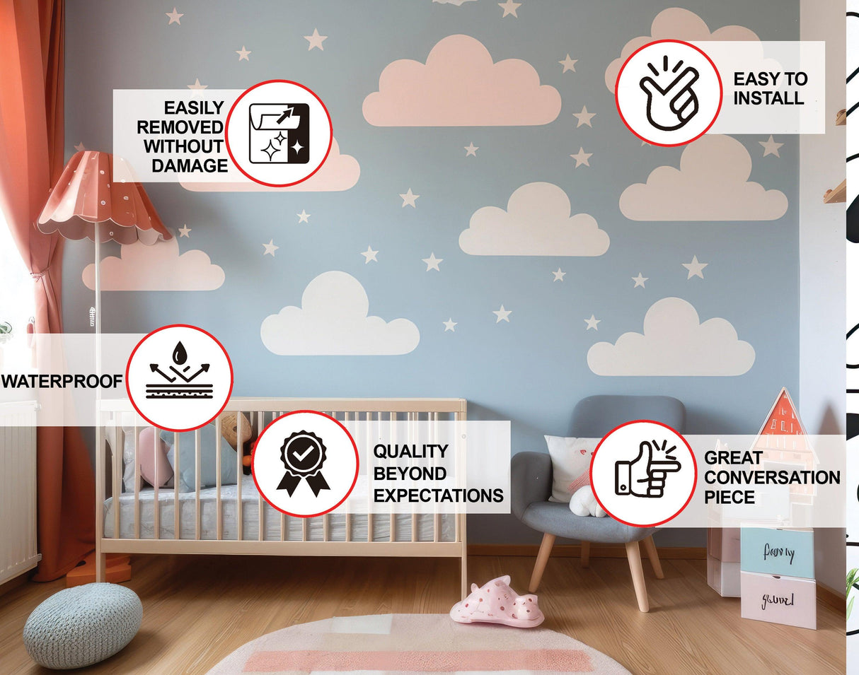 Stylish nursery with serene sky wall stickers, featuring clouds and stars, ideal for easy installation and conversation starter.