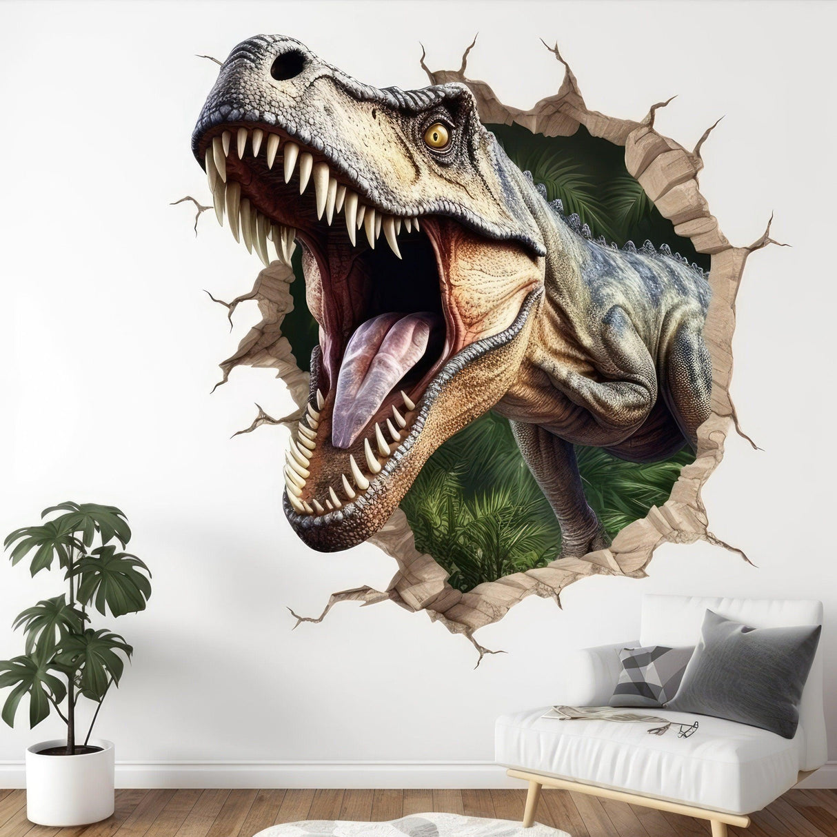 3D vinyl wall sticker of a roaring T-Rex dinosaur breaking through a wall, enhancing room decor with vibrant detail.