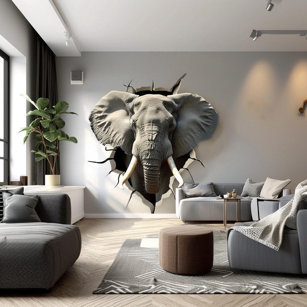 3D elephant head wall sticker breaking through a wall in modern living room decor, adding a whimsical touch.