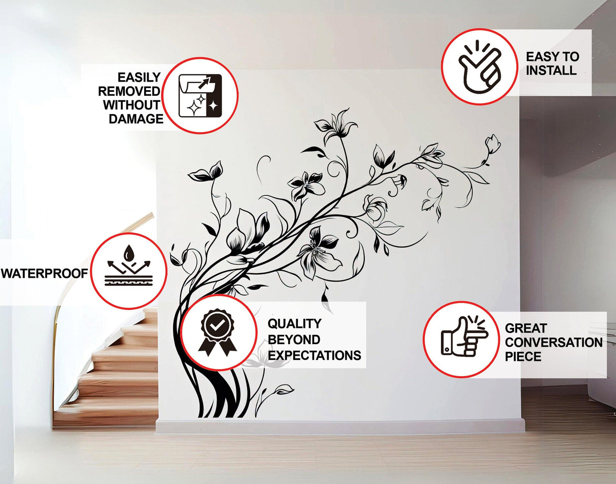 Elegant flowers wall decals with installation instructions and features on a living room wall.