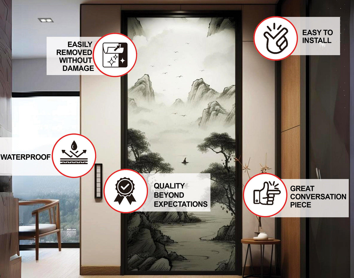 Contemporary Smoky Glass Door Sticker showcasing abstract gradient design with waterproof and removable features.
