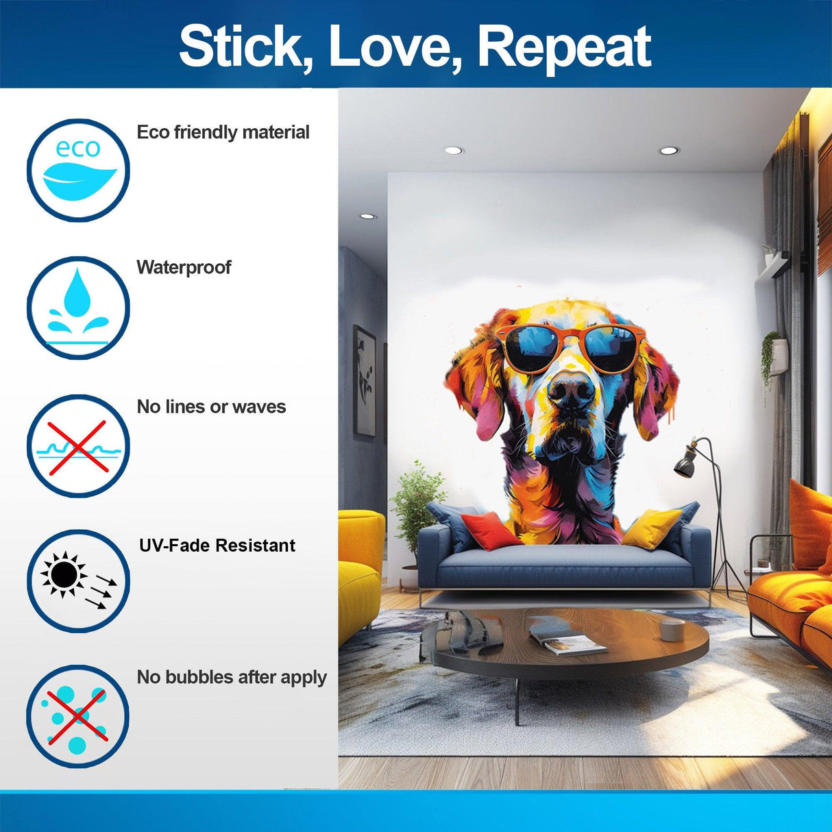 Colorful watercolor golden retriever wall sticker with glasses, eco-friendly and waterproof toddler room decor.