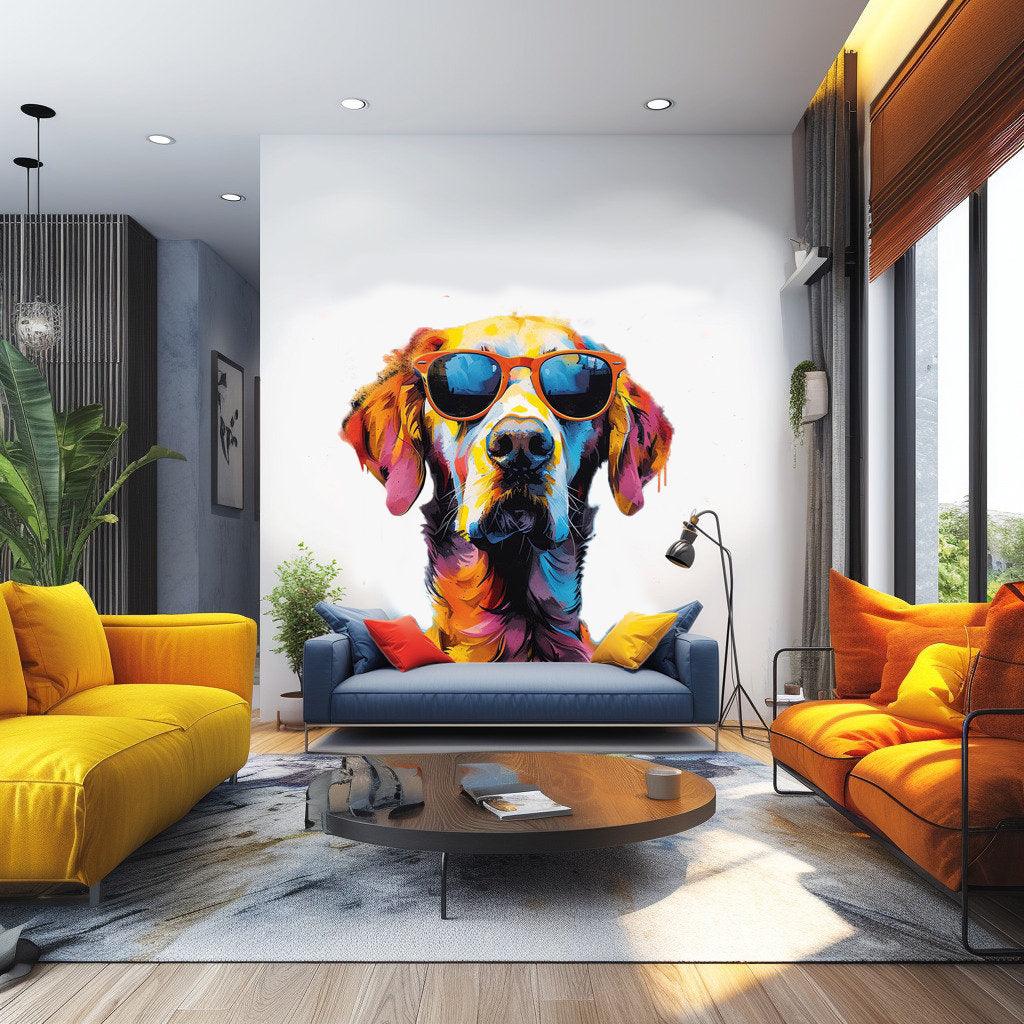 Colorful Golden Retriever wall sticker in sunglasses, adding whimsy to a stylish living room decor.