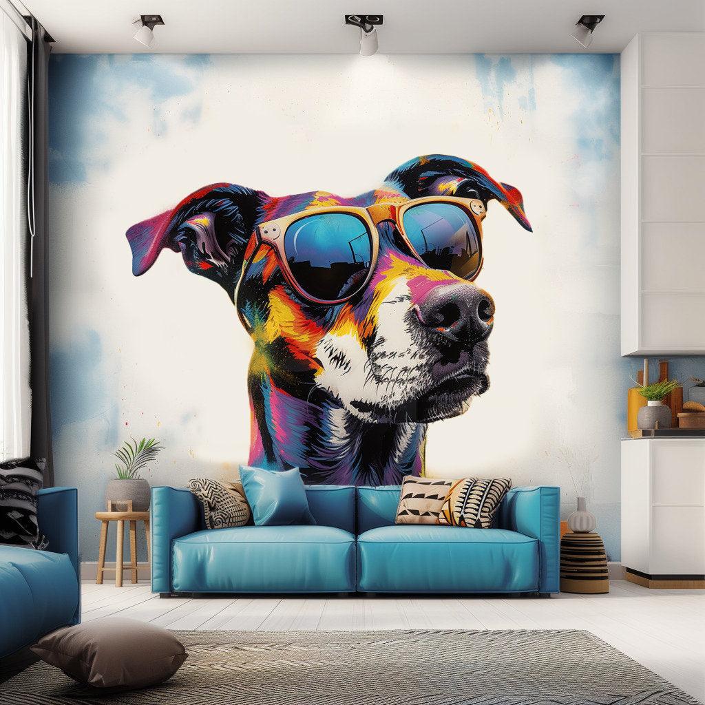Vibrant watercolor wall sticker of a dog wearing sunglasses, enhancing contemporary home decor.