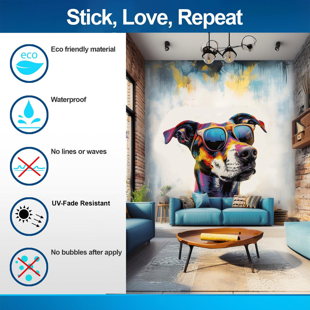 Colorful dog mural in living room showcasing eco-friendly wall sticker features and benefits.