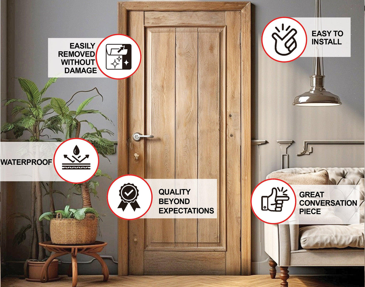 Rustic brown wood barn door wallpaper sticker with features: easy to install, waterproof, easily removed, quality decor accent.