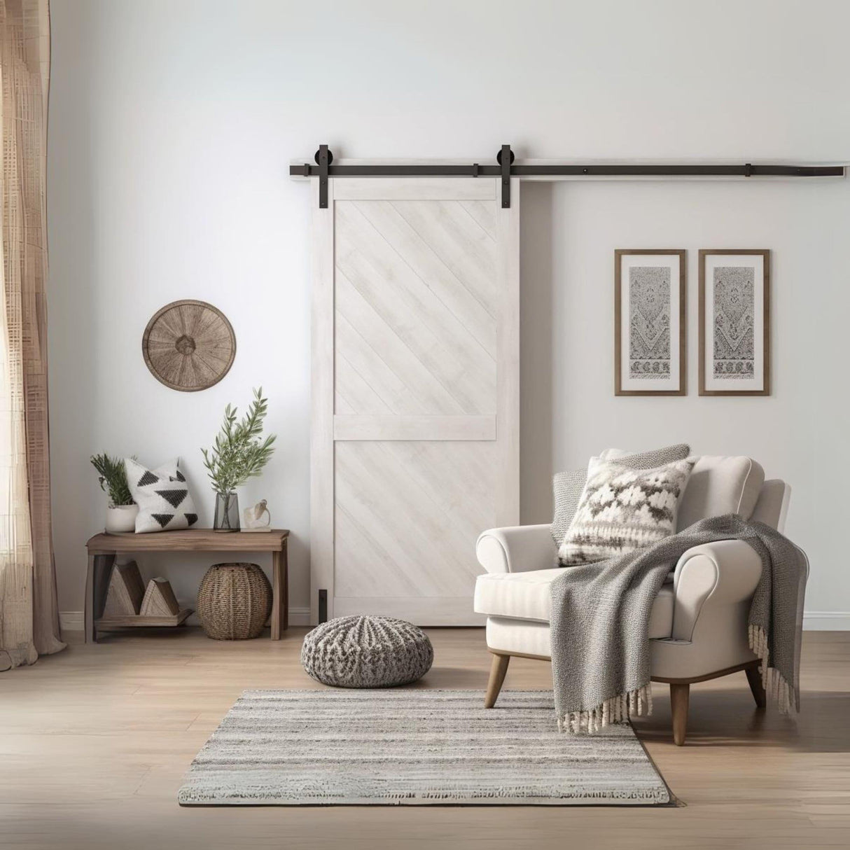 Cozy living room featuring White Barn Door Wallpaper Decal with rustic decor and a comfortable chair.