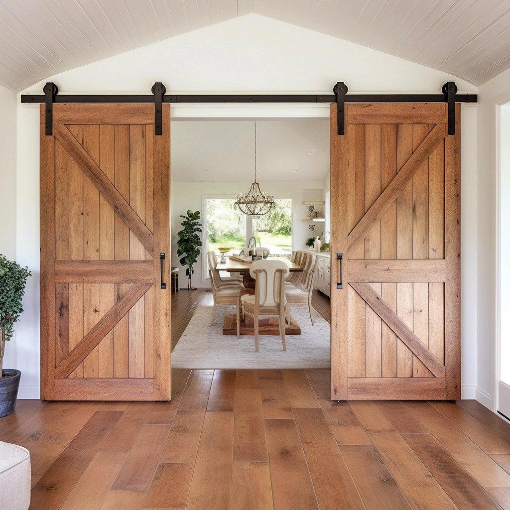 Stylish brown rustic barn door design with sliding mechanism in a modern home interior.