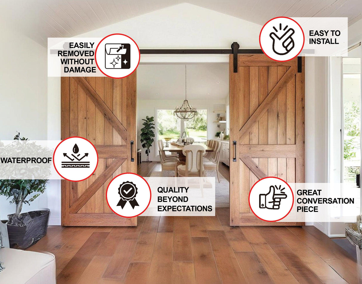 Brown rustic barn door sticker with icons highlighting easy installation, waterproof quality, and damage-free removal.