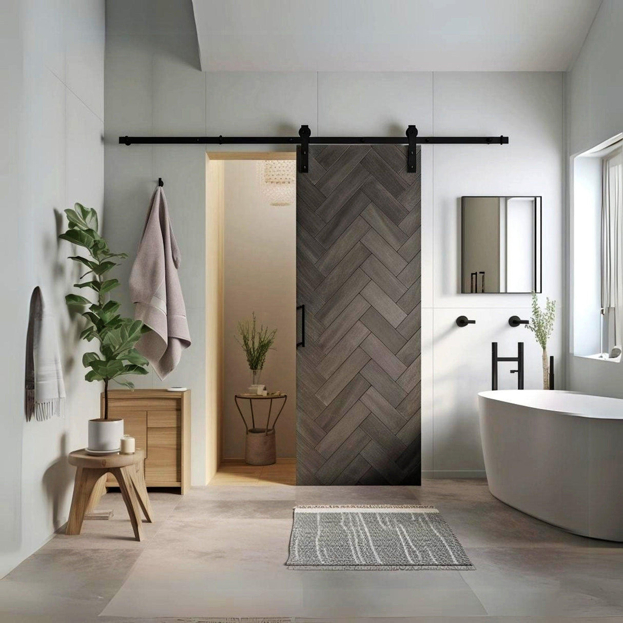 Stylish bathroom featuring a dark barn door with herringbone design, adding rustic charm and modern elegance to the space.