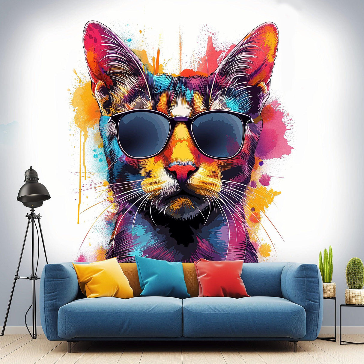Colorful watercolor cat wall decal with sunglasses, adding whimsy to modern home decor.