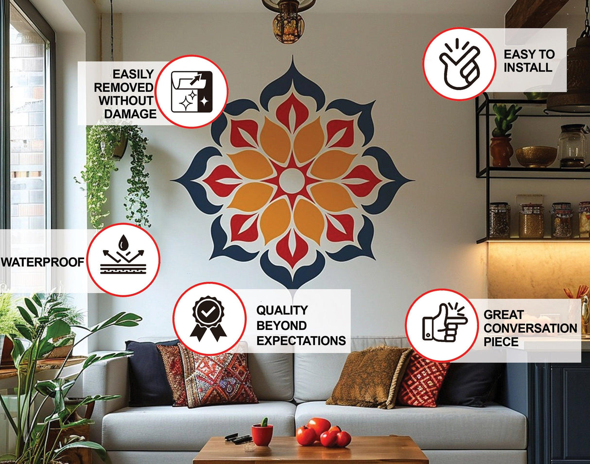 Vibrant mandala wall sticker in a cozy living space, showcasing features like easy installation and waterproof quality.