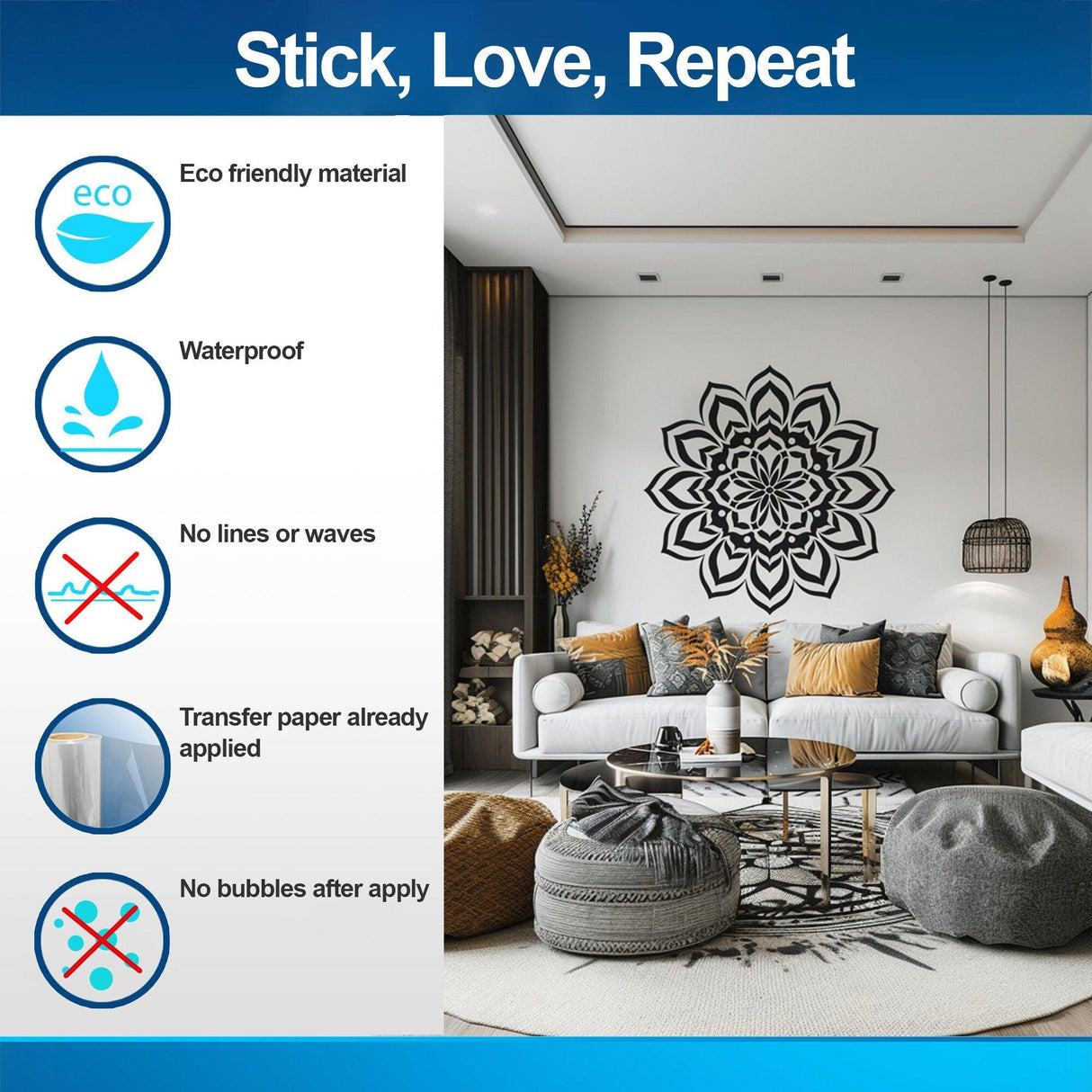 Mandala wall sticker in a modern living room, showcasing eco-friendly features and vibrant design for meditation spaces.
