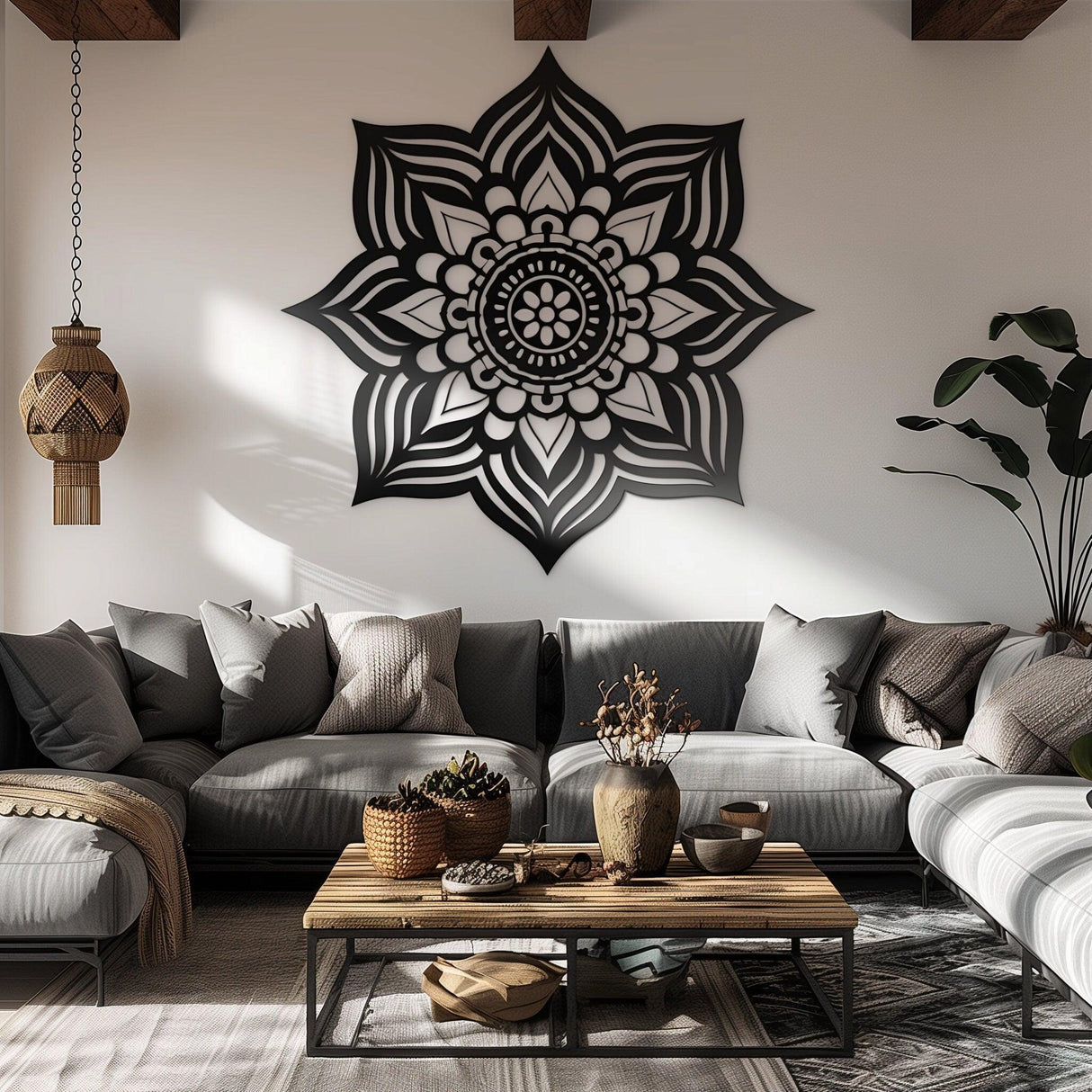 Boho Mandala Wall Decal in a cozy living room, adding zen vibes to modern home decor.
