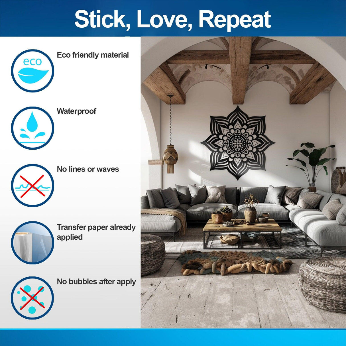 Boho Mandala Wall Decal in modern living room, showcasing eco-friendly, waterproof features and easy application.