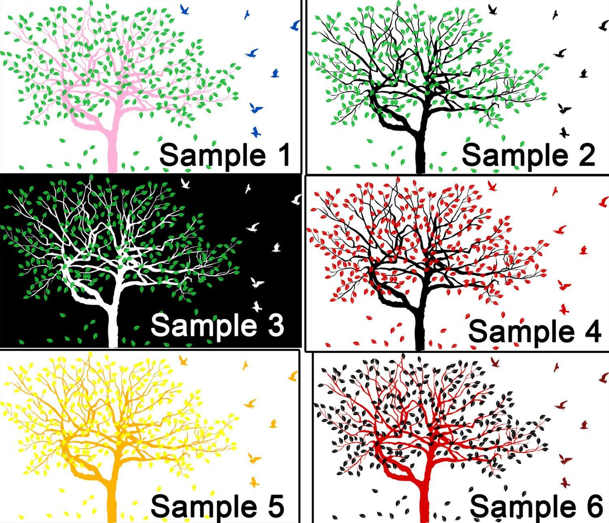 Colorful tree wall sticker samples showing different designs with birds, including pink, green, white, red, yellow, and black backgrounds.