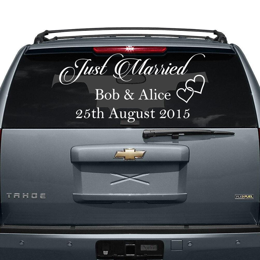 Custom Just Married car vinyl sticker with names Bob & Alice and wedding date 25th August 2015 on rear window.