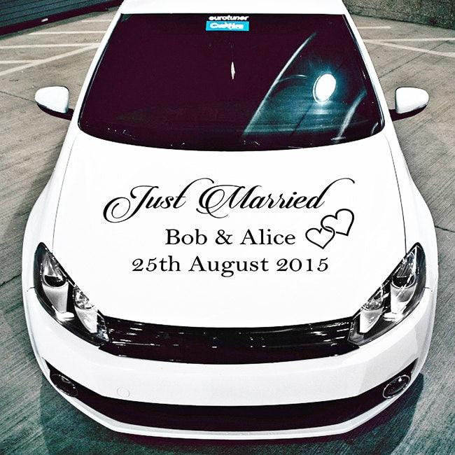 Just Married Car Vinyl Wedding Sticker featuring personalized names Bob & Alice with date 25th August 2015 on vehicle window.