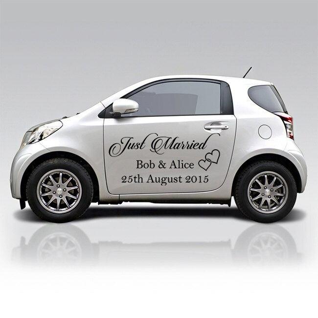 Just Married car vinyl sticker featuring custom names and wedding date on a vehicle side window.