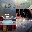 Custom frosted glass vinyl stickers showcasing elegant office designs and branding on doors and windows.