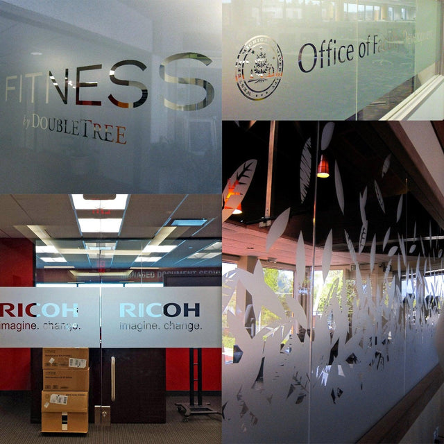 Custom frosted glass vinyl stickers showcasing elegant office designs and branding on doors and windows.