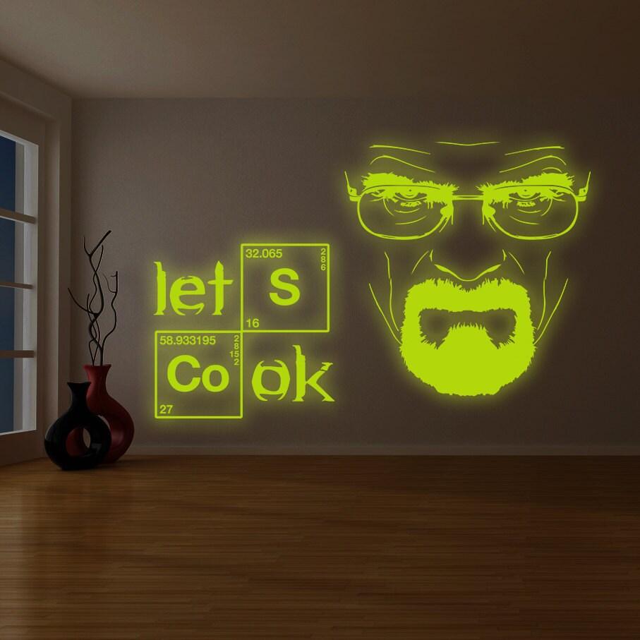 Custom glowing vinyl wall decal featuring a character with text 'lets cook' in glow-in-the-dark design.