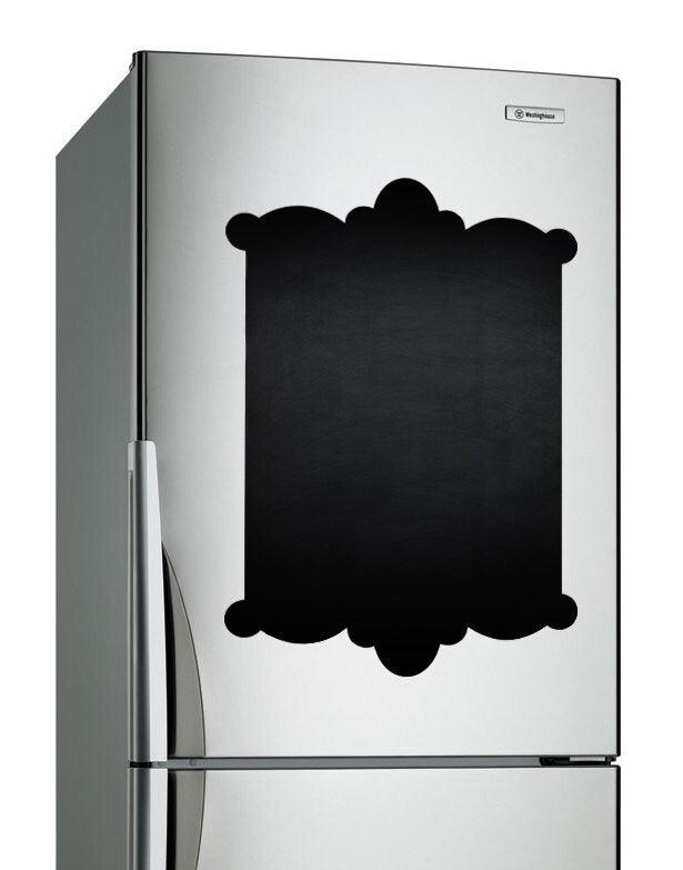Chalkboard vinyl decal for kitchen fridge, perfect for menus and reminders on stainless steel refrigerator.
