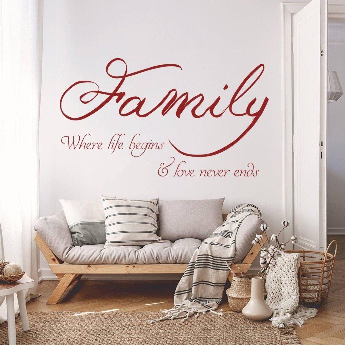 Motivational family-themed wall decal saying 'Family Where life begins & love never ends' in elegant script style.