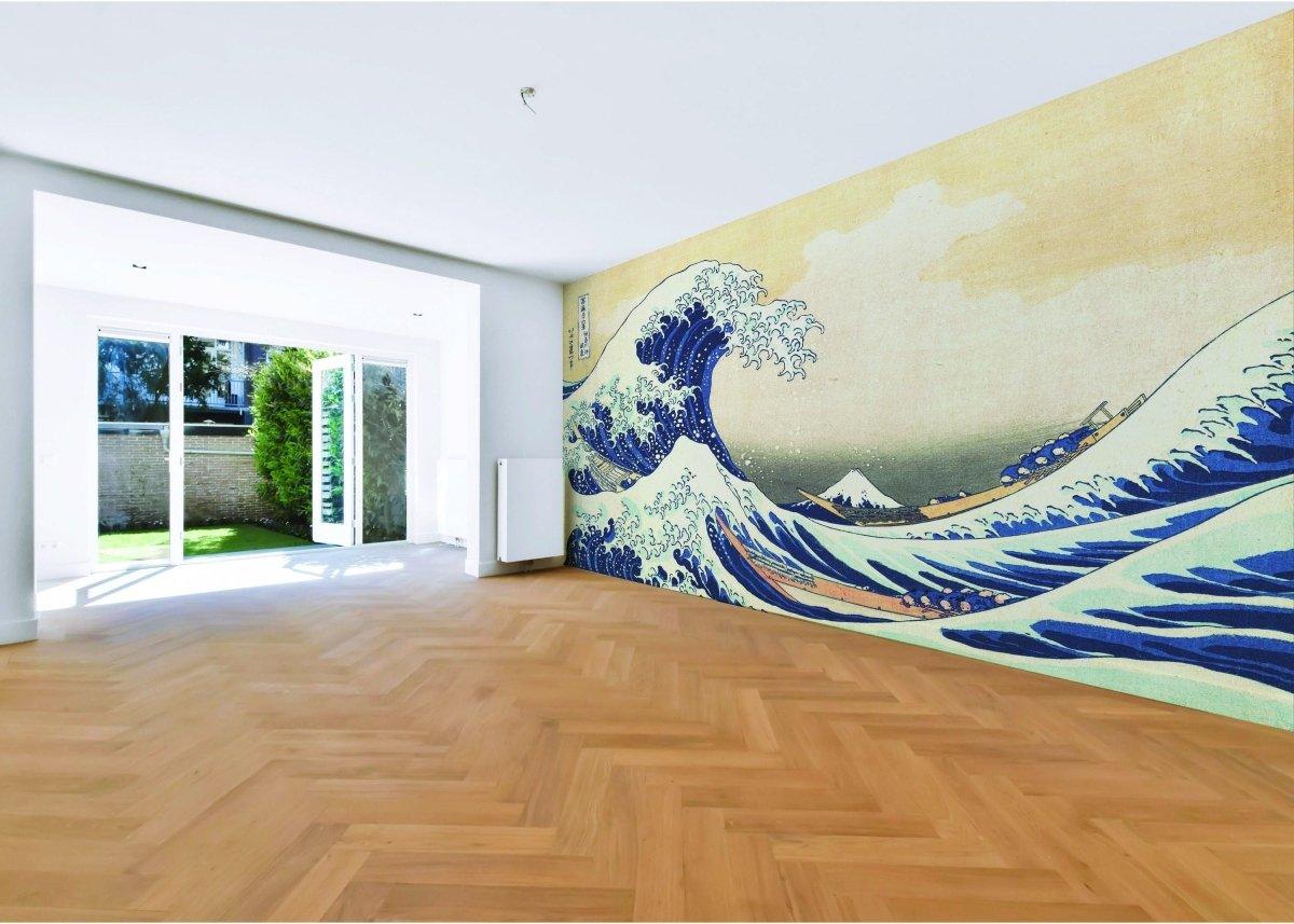 Ocean Serenity Wall Art Decal featuring Kanagawa Wave wallpaper in a bright living room setting.