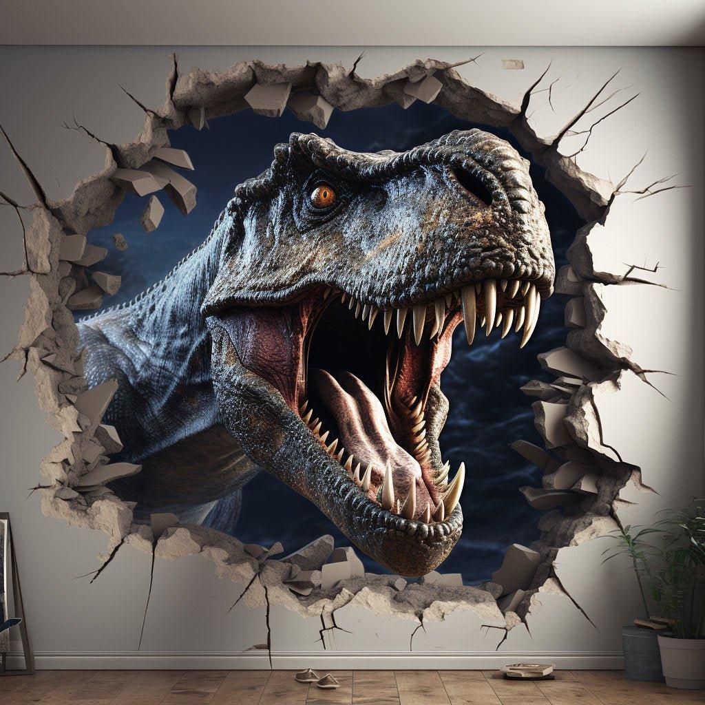 Realistic 3D dinosaur wall decal creating a broken wall illusion in a kids room, perfect for dinosaur lovers.