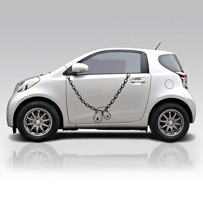 A white compact car featuring a chain design decal on the side, showcasing a unique and artistic vehicle decoration.