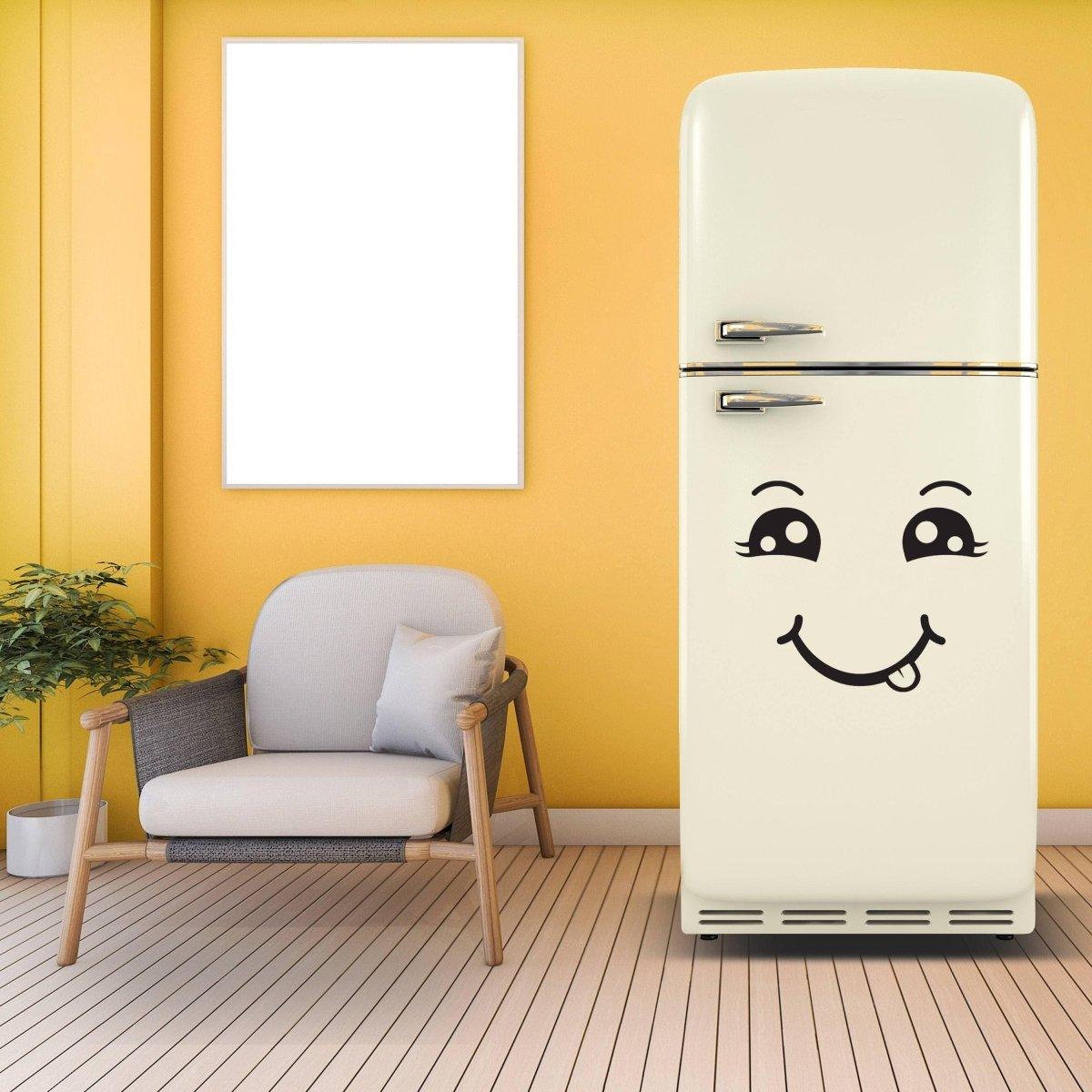 Happiness wall decal sticker on a white refrigerator in a stylish yellow kitchen, adding cheerful decor.