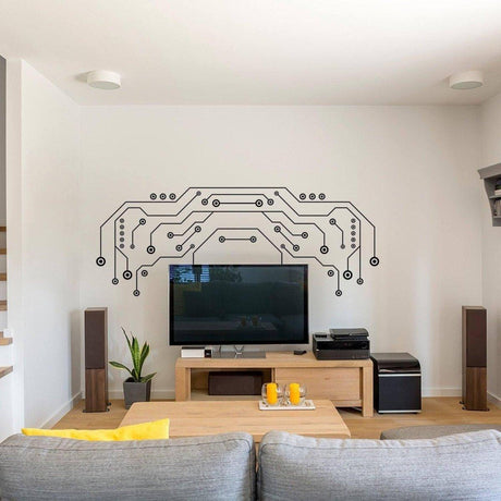 Large TV wall vinyl decals in a modern living room with circuit design above the TV.