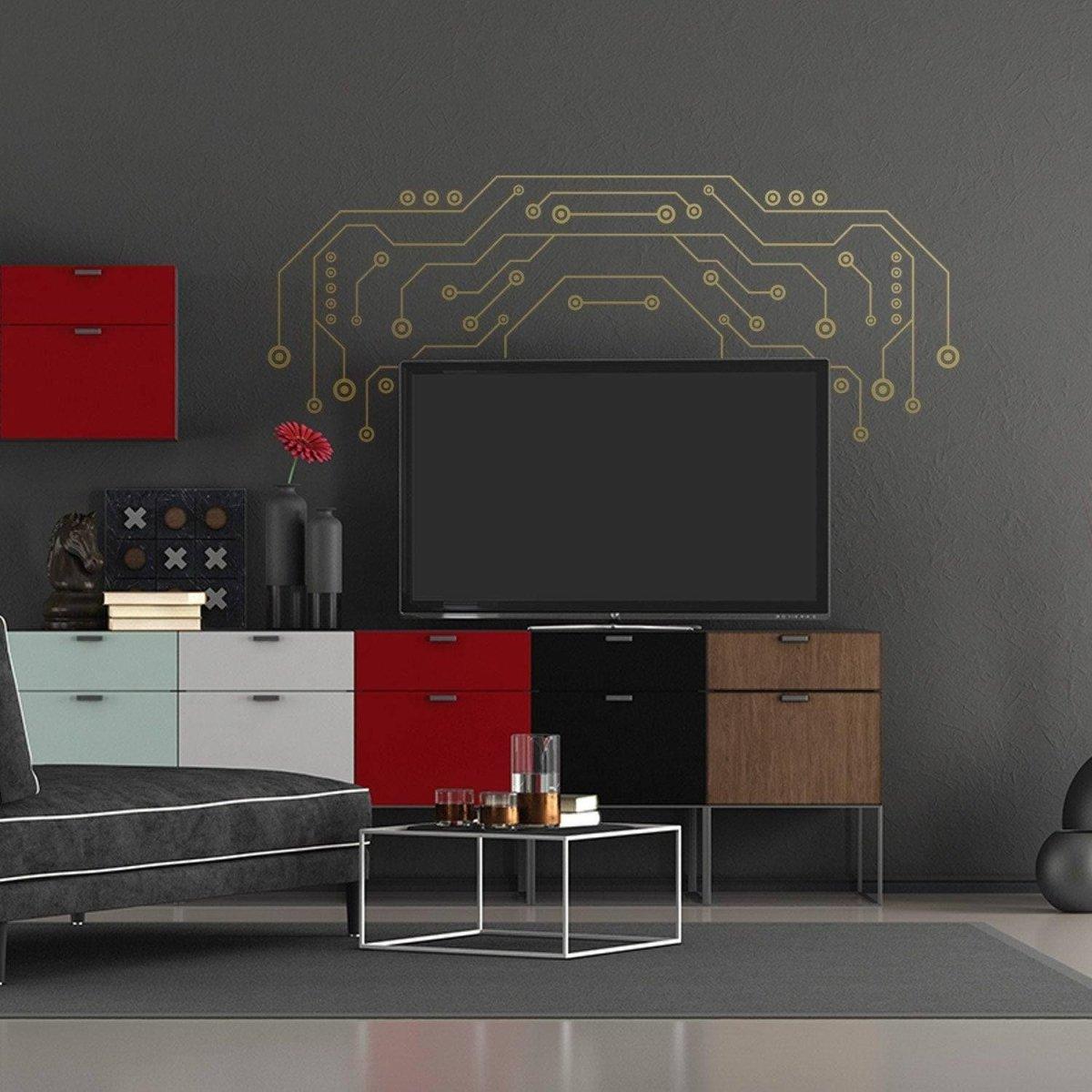 Large stylish TV wall vinyl decals with circuit design above a modern TV in a contemporary living room.