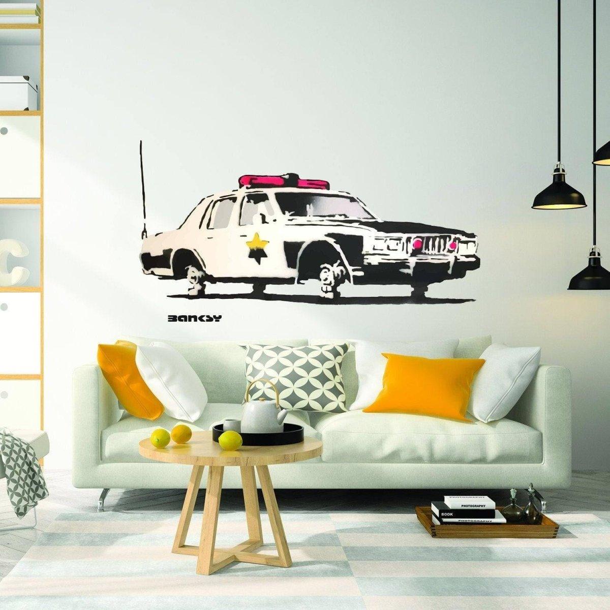 Police car wall sticker for kids room decor, featuring a stylish black and white design, perfect for adding excitement to any space.
