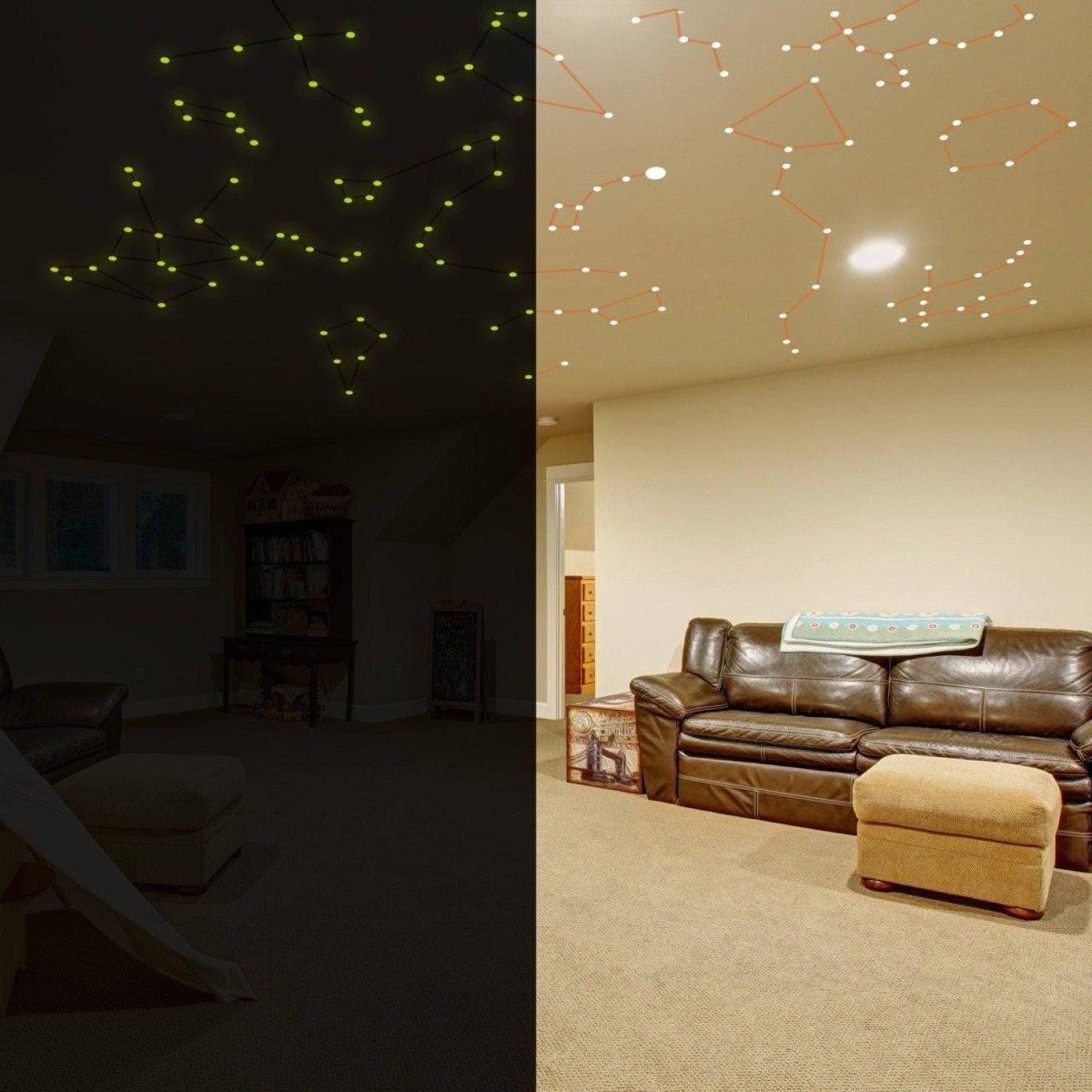 Glow-in-the-dark constellation decals on ceiling showcasing a starry night effect in a cozy living room.