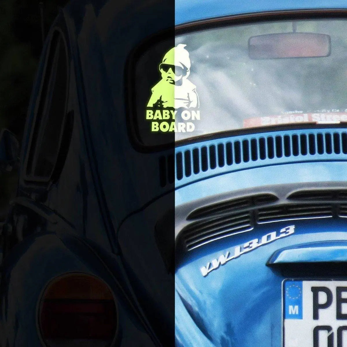 Glowing baby on board car decal on blue vehicle for enhanced safety. Luminescent vehicle sticker for child safety.