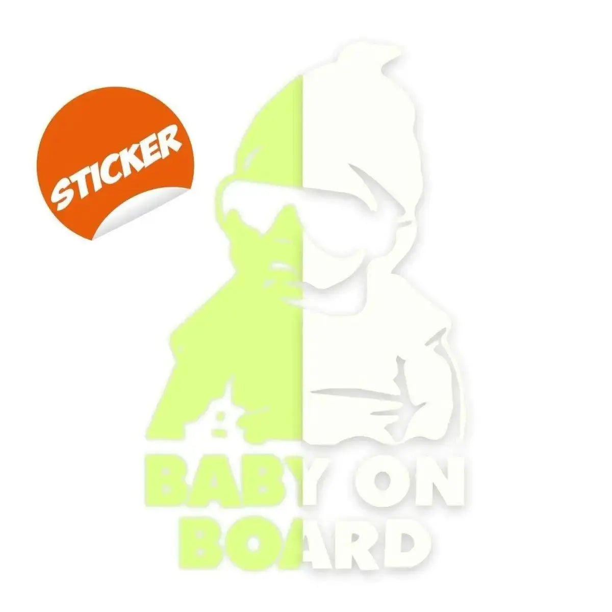 Glowing Baby on Board car decal, luminescent safety sticker for vehicles with baby design.