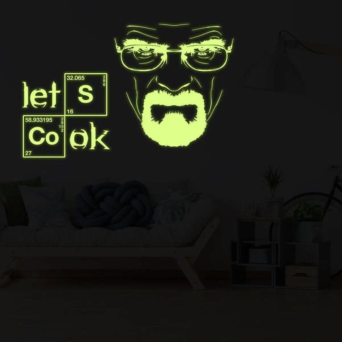 Breaking Bad glow-in-the-dark wall decal featuring Walter White with 'Let's Cook' quote for kitchen decor.