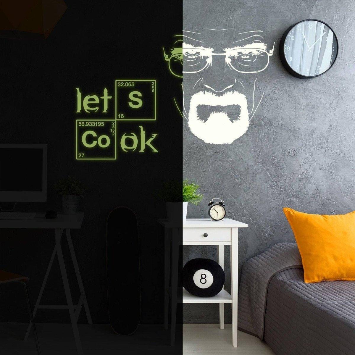 Breaking Bad glow-in-the-dark kitchen wall decal with 'let's cook' quote and character design on a stylish dark wall.