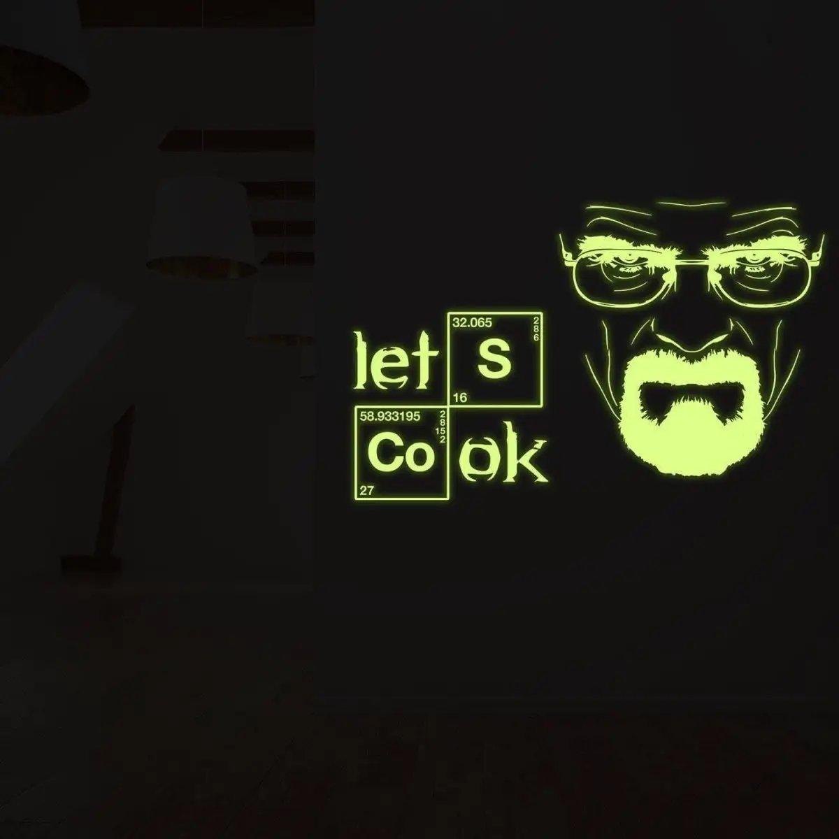 Glow-in-the-dark Breaking Bad wall decal featuring 'Let's Cook' quote and iconic character design.